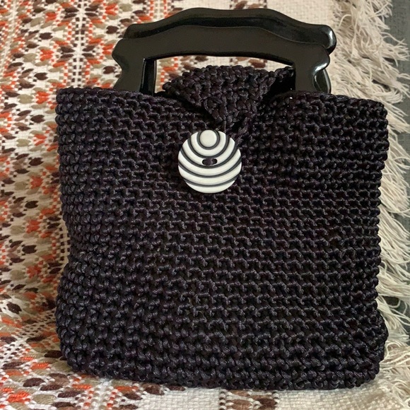 Vintage Handbags - Mini Woven Black Hand Bag with Button Flap Closure
